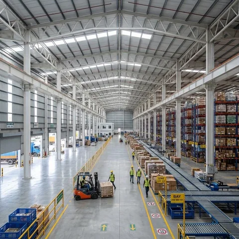 Large-span warehouse supporting organised storage and movement