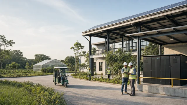 Connected eco-industrial campus in Bangladesh with steel construction, solar energy, greenhouse and electric mobility