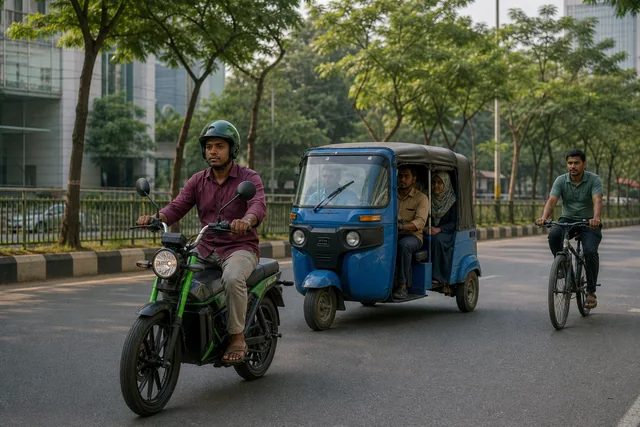 Locally familiar electric mobility on a tree-lined road in Dhaka