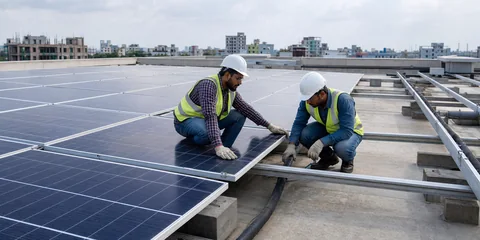 Technicians inspecting a rooftop solar installation