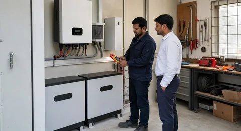 Technician explaining a rechargeable energy-storage system
