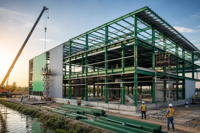 Modern steel construction project in Bangladesh with workers using safety equipment