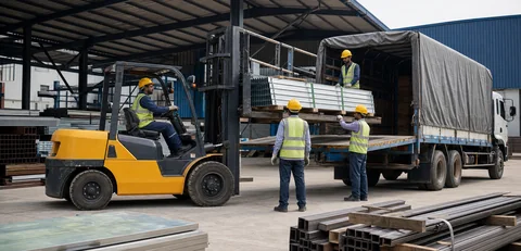 Steel materials being loaded safely for a construction project