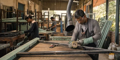 Recovered steel frames being prepared for productive reuse