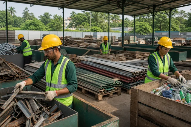 Workers safely sorting reusable construction materials