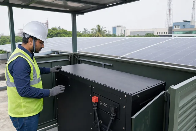 Rooftop solar and lithium energy storage being inspected by a technician
