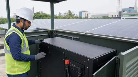 Technician inspecting rooftop solar panels and lithium energy storage