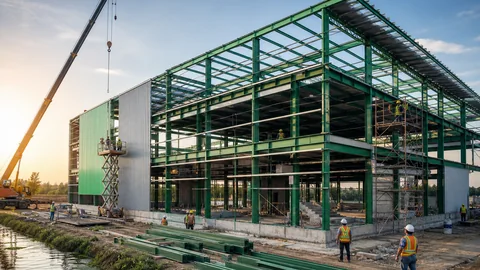 Construction team working safely on an industrial steel building